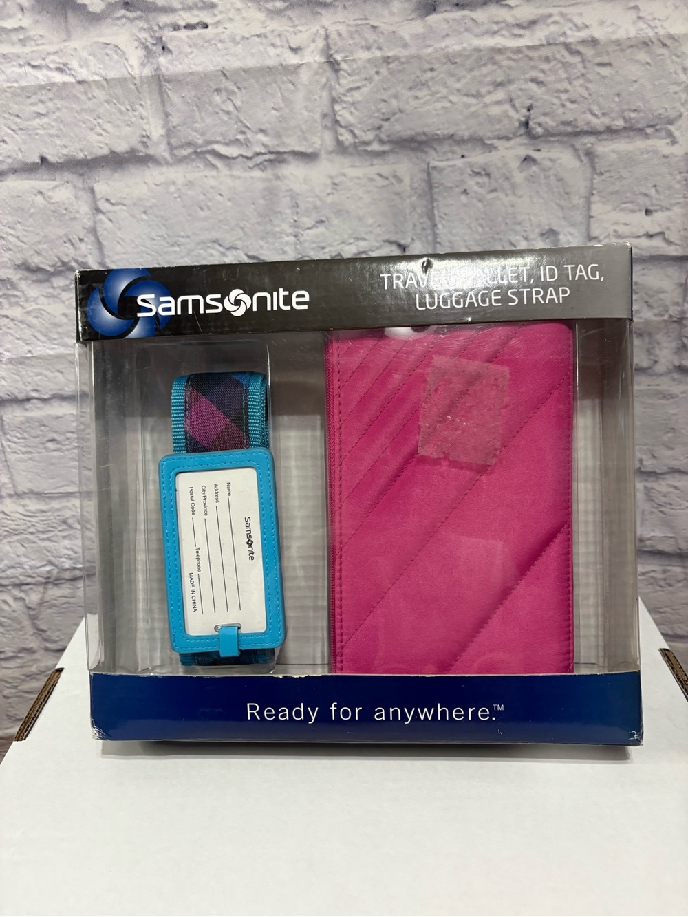 Samsonite Pink Passport Wallet with Blue Luggage ID Tag and Strap